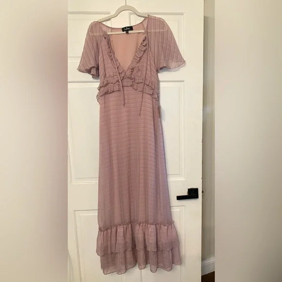 Sweetest Delight Mauve Plaid Ruffled Short Sleeve Maxi Dress - Picture 5 of 7